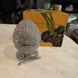 All Jeweled Egg Shaped Trinket Box with “SC”Stand, Swarovski Crystals Silver